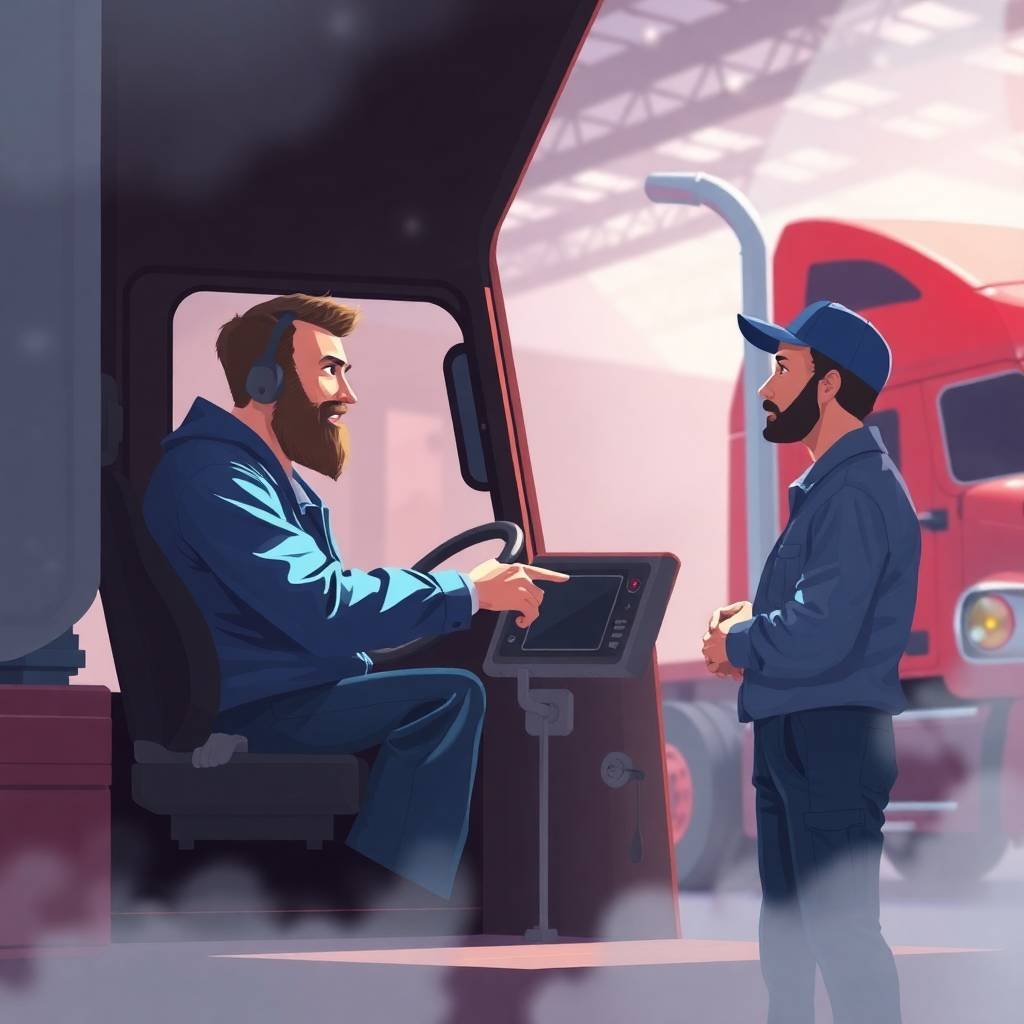 Truck driver and mechanic discuss DOT Record Retention Requirements in a dreamy, soft-lit truck yard.