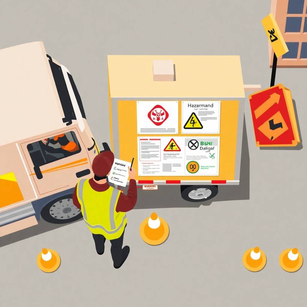 Safety officer and truck driver review hazmat placards and paperwork in overhead view, representing DOT Record Retention Requirements.