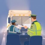 Hazmat truck driver and officer reviewing documents related to DOT Record Retention Requirements in a training setting.