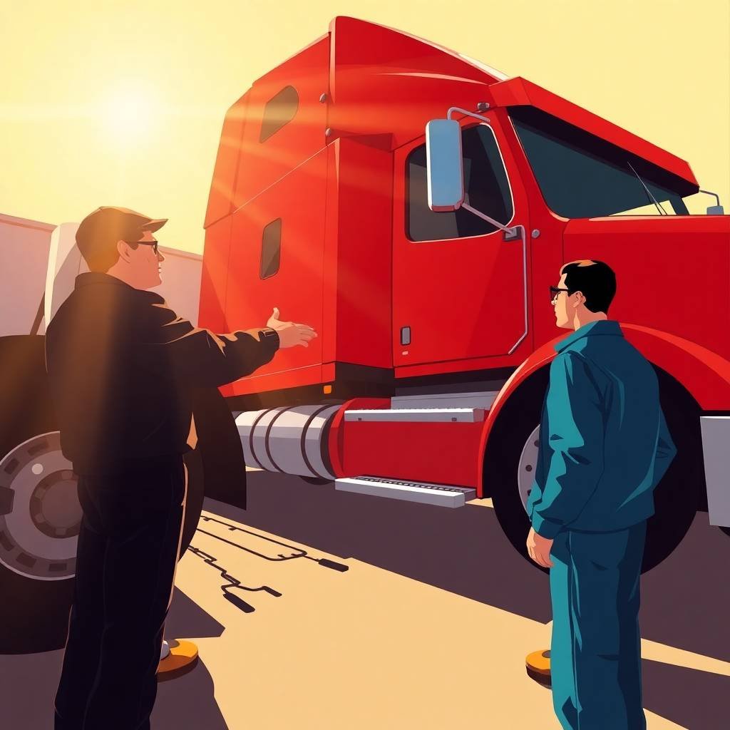 Truck driver and mechanic discussing a red semi-truck in a truck yard under golden sunlight, illustrating DOT Record Retention Requirements.