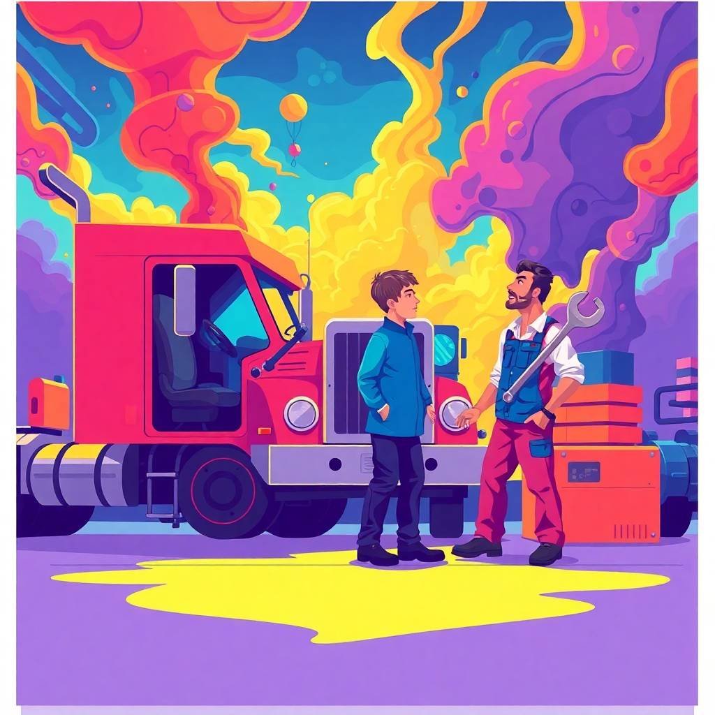 Truck driver and mechanic discuss DOT Record Retention Requirements in a vivid, surreal truck yard.