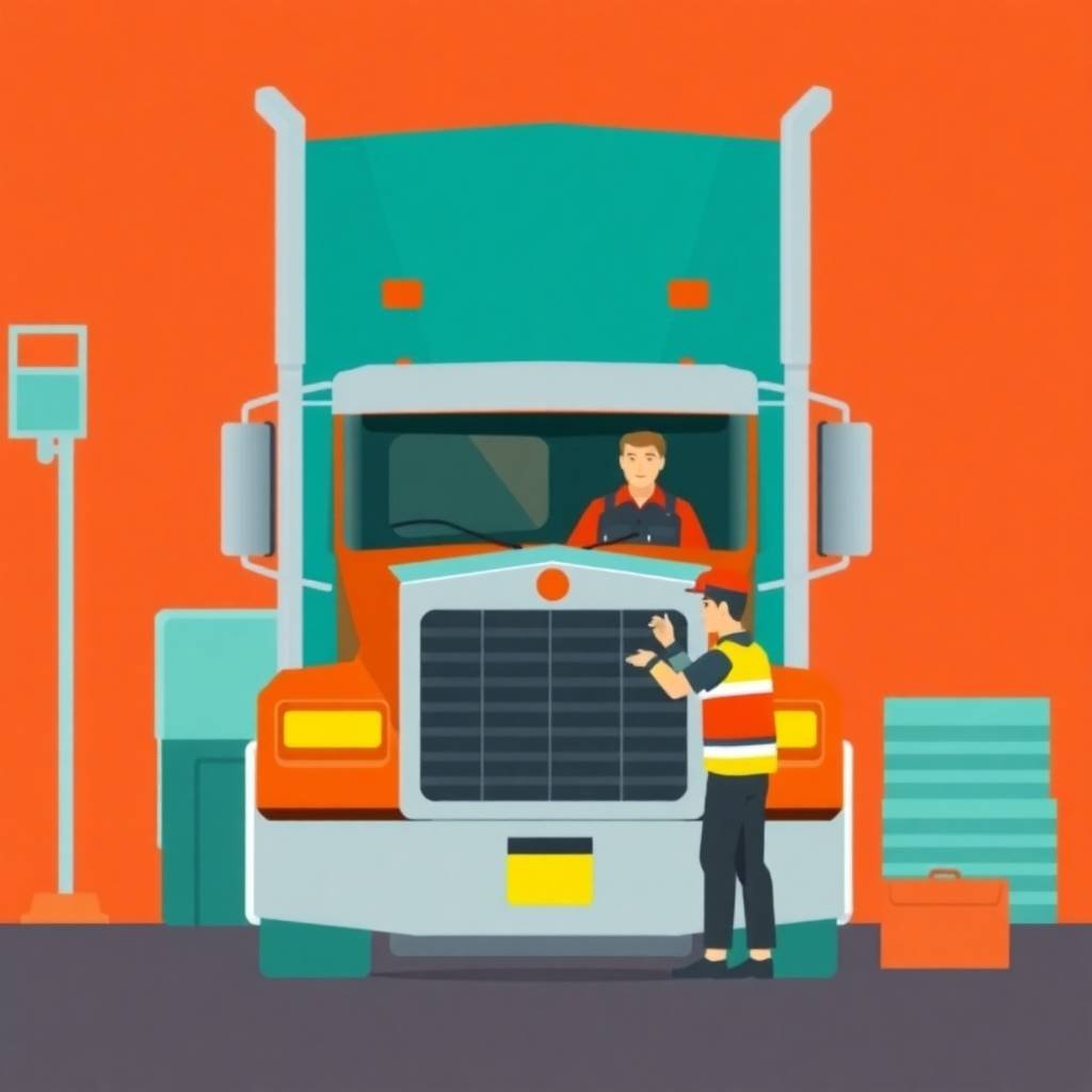 Truck driver and mechanic discuss inspection procedures in front of a semi-truck, referencing DOT Record Retention Requirements.