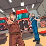 Truck driver and mechanic discussing truck service documentation related to DOT Record Retention Requirements in a fleet maintenance shop