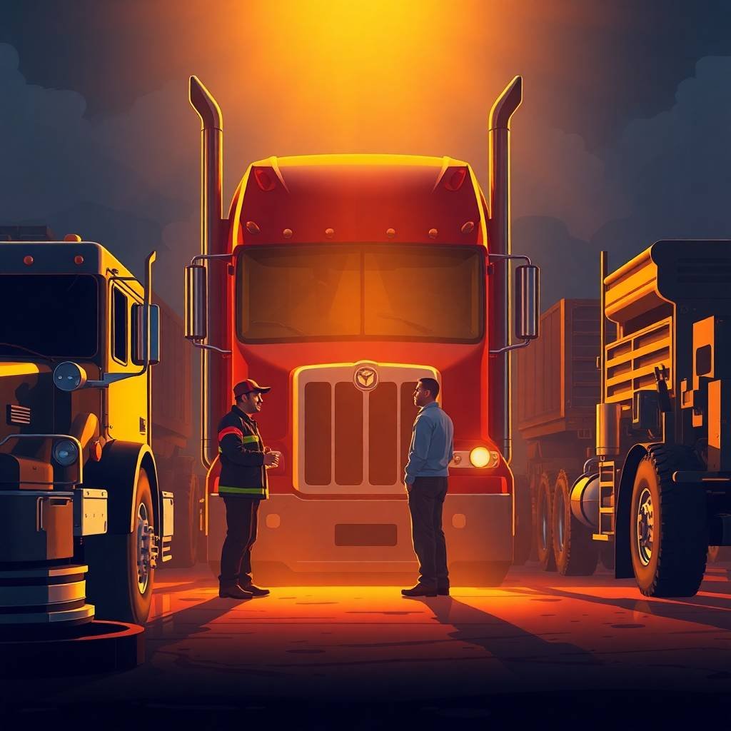 Truck driver and mechanic stand in a truck yard at sunset discussing DOT Record Retention Requirements.
