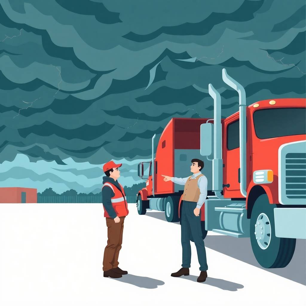 Truck driver and fleet manager discuss compliance under stormy skies beside a red semi-truck, symbolizing DOT Record Retention Requirements.