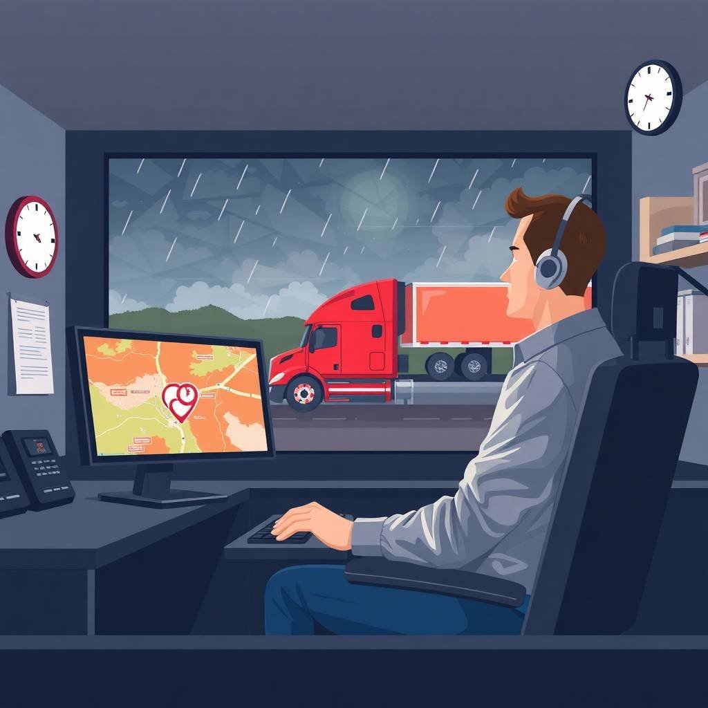 Dispatcher monitors fleet using DOT Safety Compliance Checklist during stormy weather