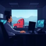 Dispatcher monitors truck route using DOT Safety Compliance Checklist in modern office