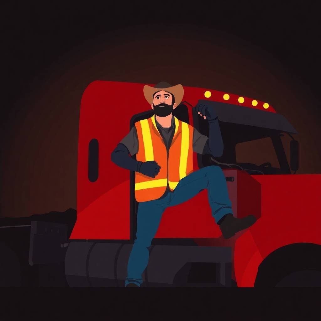 Truck driver in reflective vest at night following DOT Safety Compliance Checklist