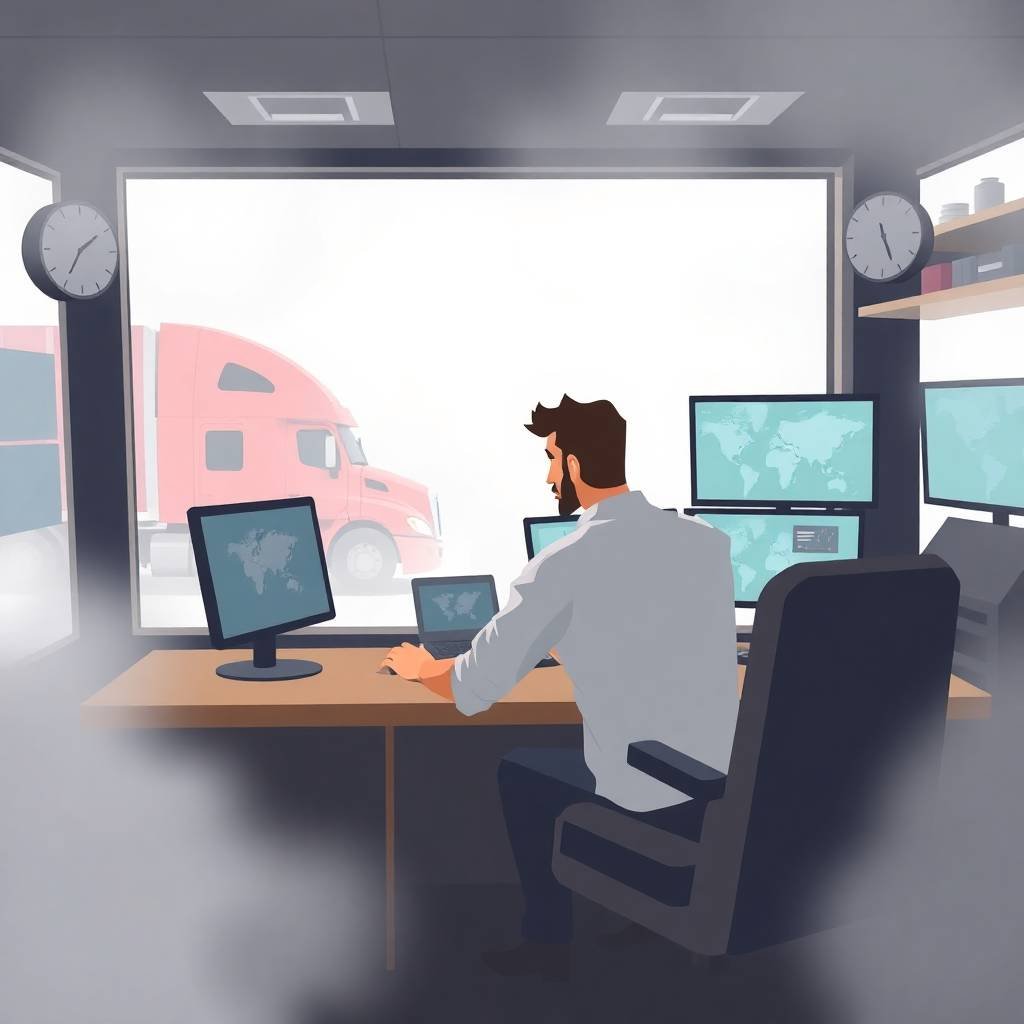 Dispatcher monitors logistics in fog while adhering to DOT Safety Compliance Checklist