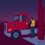 Truck driver refuels red semi using DOT Safety Compliance Checklist during nighttime stop