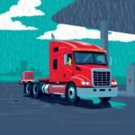 Red semi-truck refueling at truck stop in rain using DOT Safety Compliance Checklist