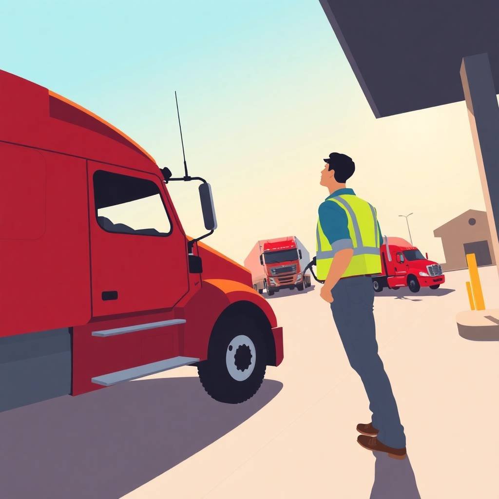 Truck driver at a truck stop refueling red semi-truck following DOT Safety Compliance Checklist