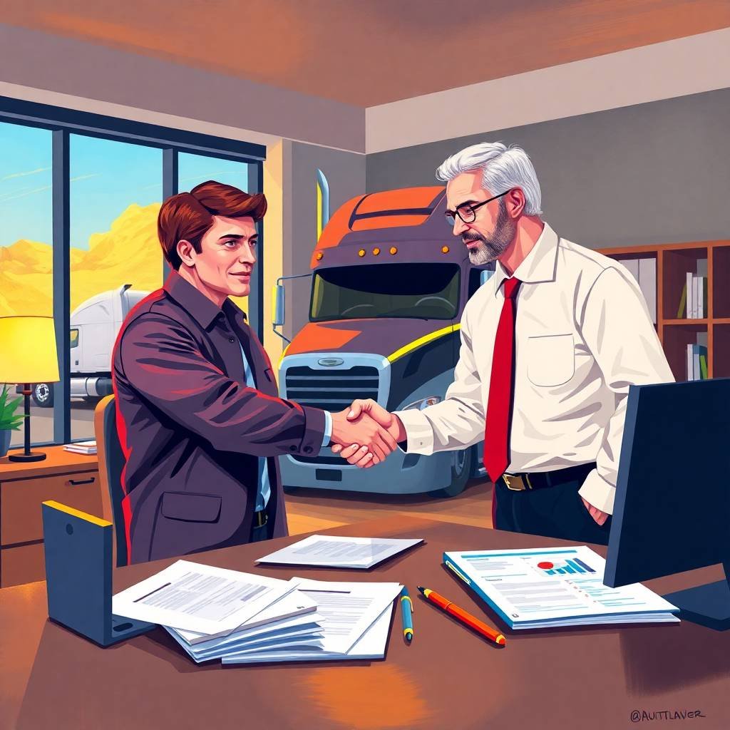 DQ File Violations FMCSA compliance meeting between two trucking professionals in a modern office