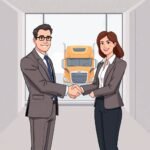 Two business professionals shaking hands in front of a semi-truck, illustrating DQ File Violations FMCSA