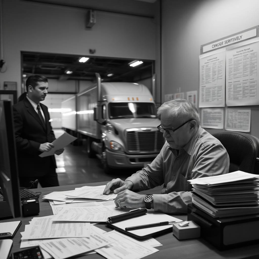 Trucking office scene with paperwork and officials reviewing Driver Drug and Alcohol Testing Program compliance