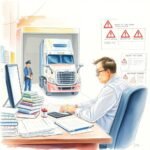 Watercolor illustration of a stressed trucking company owner dealing with Driver Drug and Alcohol Testing Program compliance issues