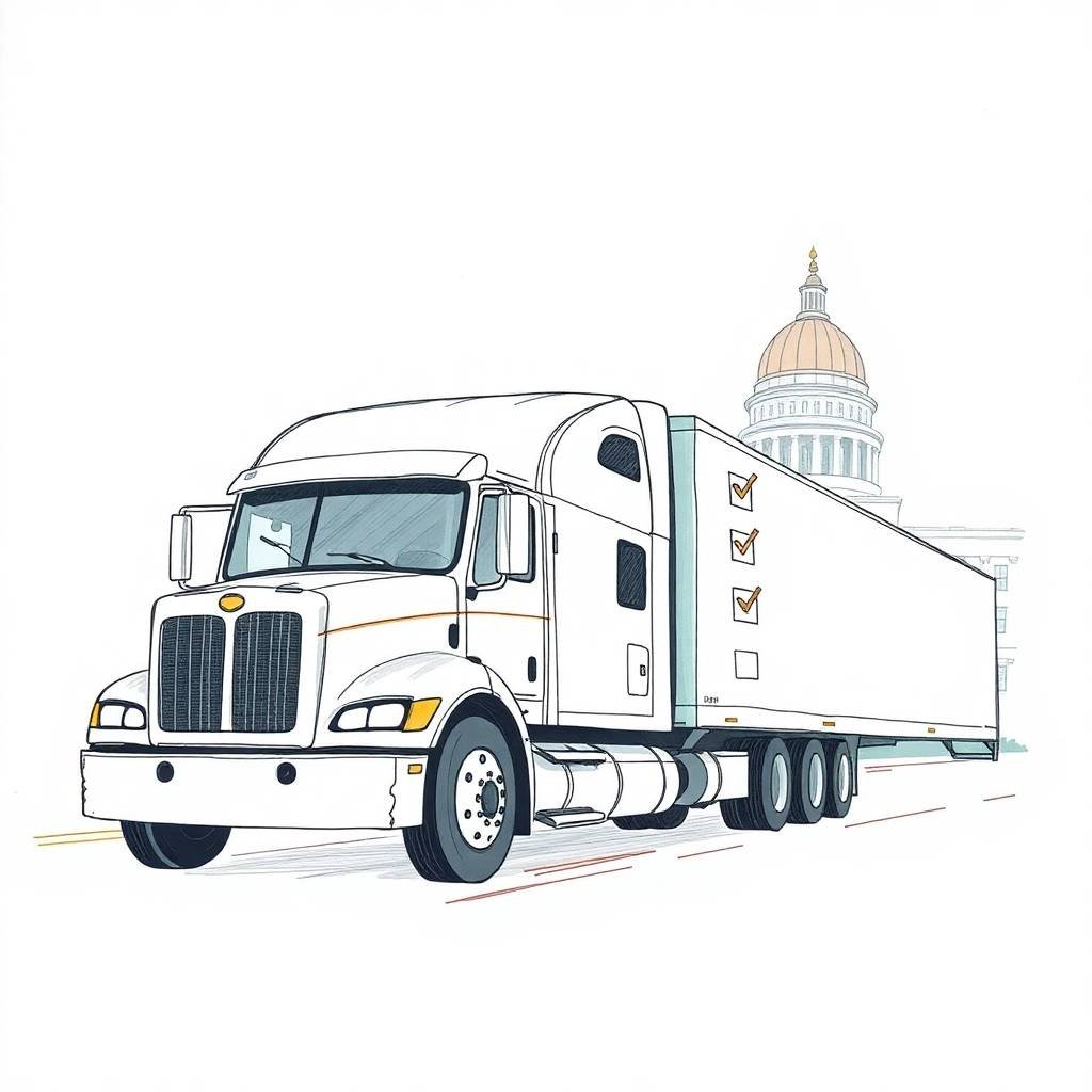 Illustration of a semi-truck with checklist icons and government building symbolizing Driver Drug and Alcohol Testing Program compliance
