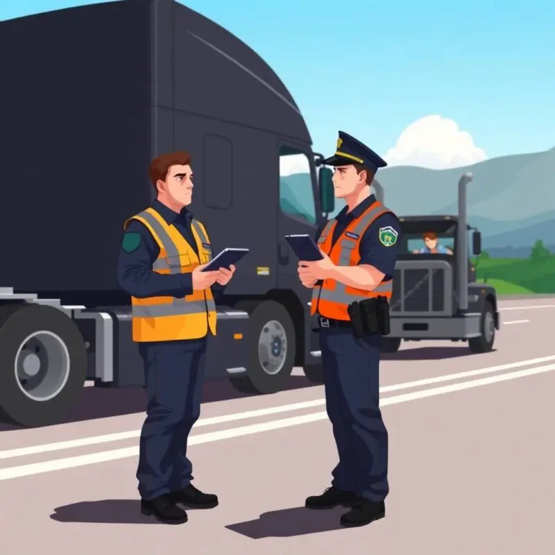 DOT officer and truck driver discussing documents for Driver Logs Compliance