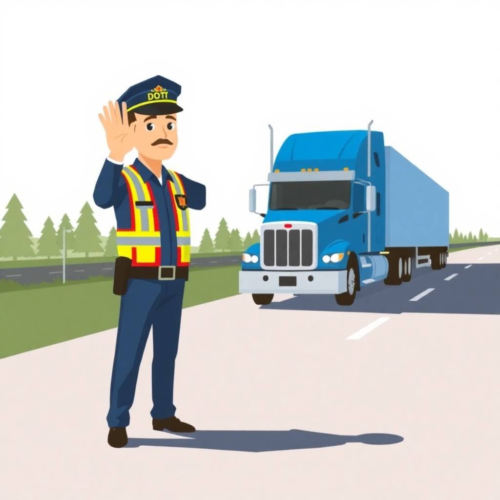 DOT officer signals blue semi-truck to stop for Driver Logs Compliance