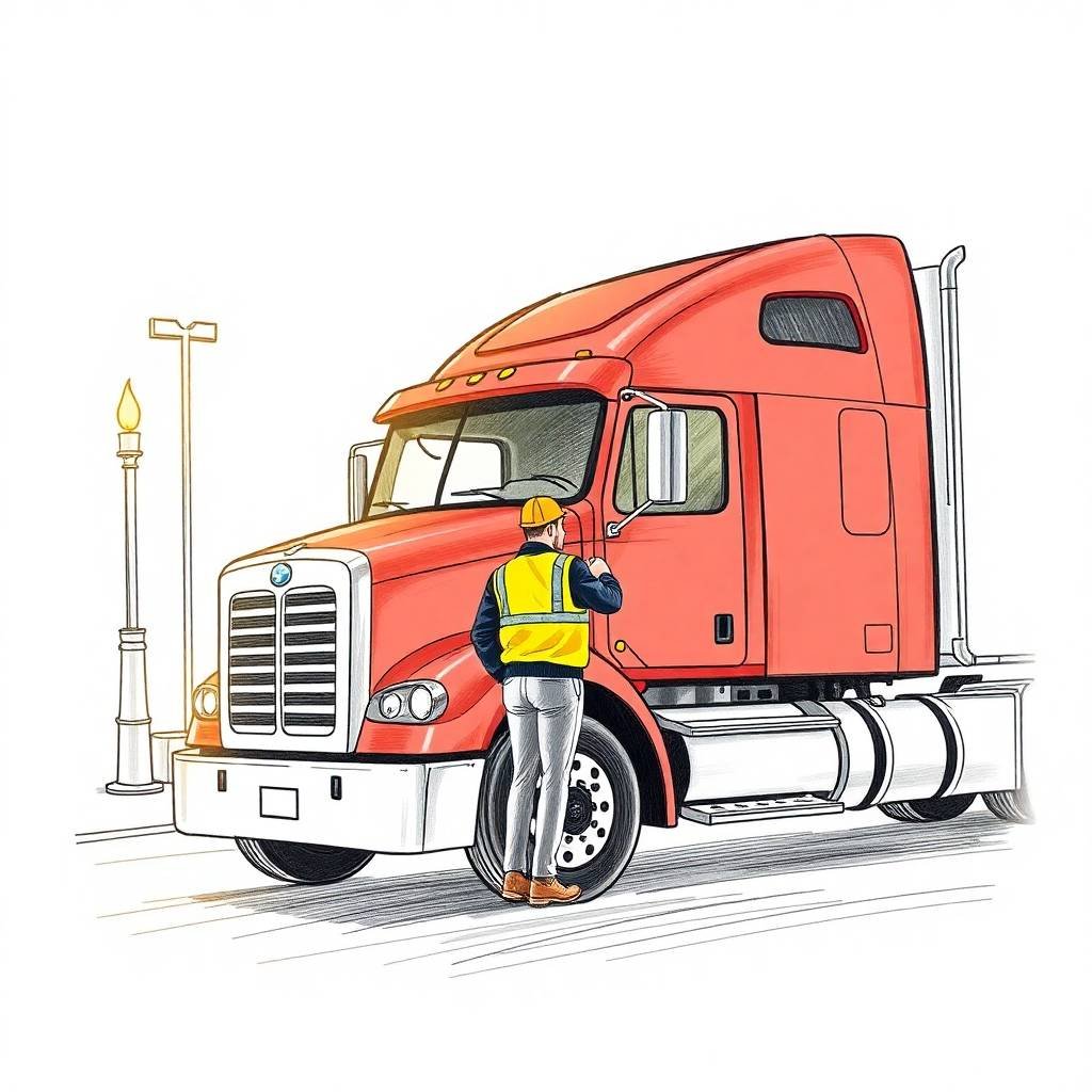 Truck driver inspects red semi-truck for Driver Logs Compliance