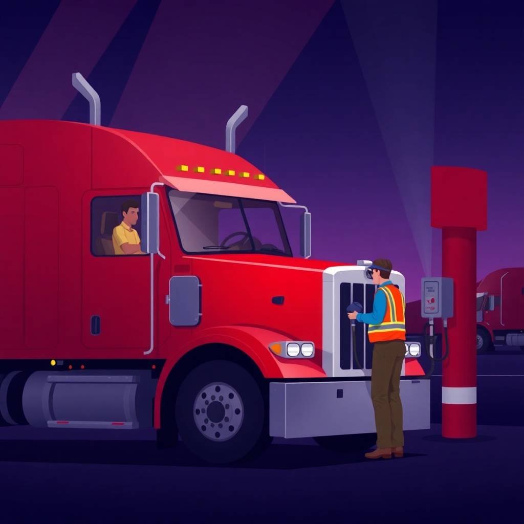 Truck driver at night stop ensuring Driver Logs Compliance