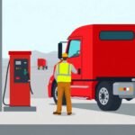 Truck driver refuels red semi while maintaining Driver Logs Compliance