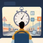 Truck driver viewing a stopwatch through windshield while monitoring deadlines and documents related to driver qualification file requirements.