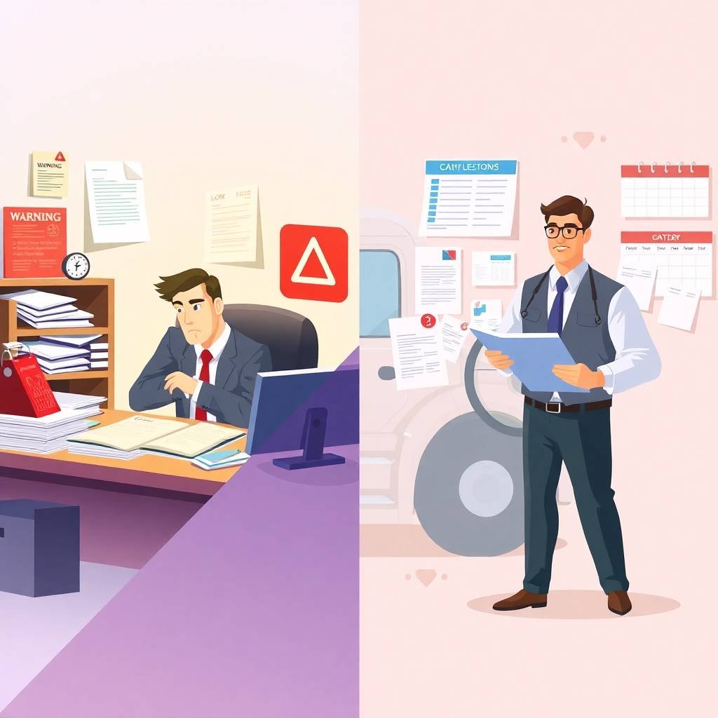 Split-scene illustration showing the impact of driver qualification file requirements on a stressed office worker and a confident inspector.