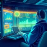 Fleet manager analyzing compliance dashboard to ensure driver qualification file requirements are met, using futuristic data monitoring tools.