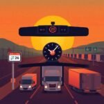 Trucks driving at sunrise with calendar and stopwatch symbols emphasizing driver qualification file requirements deadlines.
