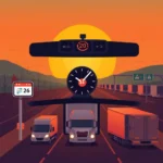 Trucks driving at sunrise with calendar and stopwatch symbols emphasizing driver qualification file requirements deadlines.