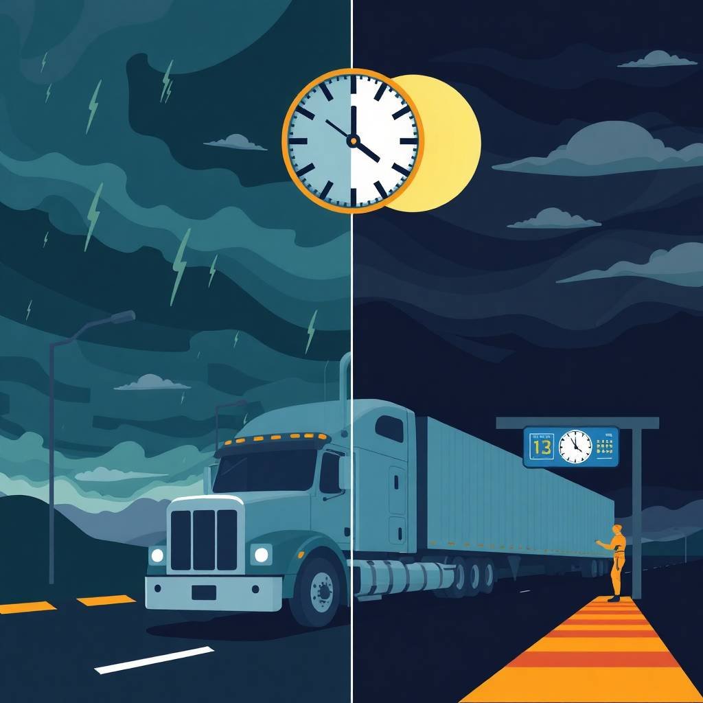 Illustration symbolizing driver qualification file requirements with a truck, clock, rest stop, and stormy weather.