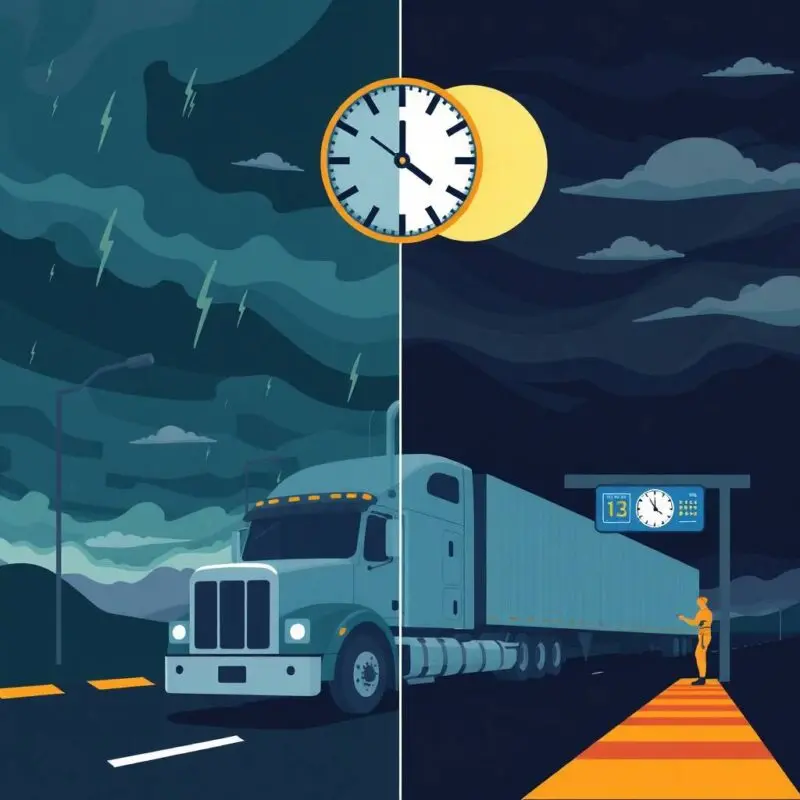 Illustration symbolizing driver qualification file requirements with a truck, clock, rest stop, and stormy weather.