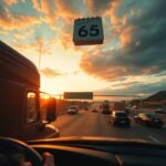 A truck drives into the sunset on a busy highway, illustrating the importance of meeting driver qualification file requirements.