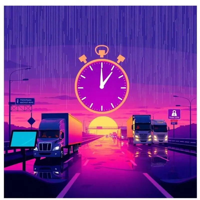 Futuristic illustration of trucks on a rainy highway under a giant stopwatch, symbolizing driver qualification file requirements.