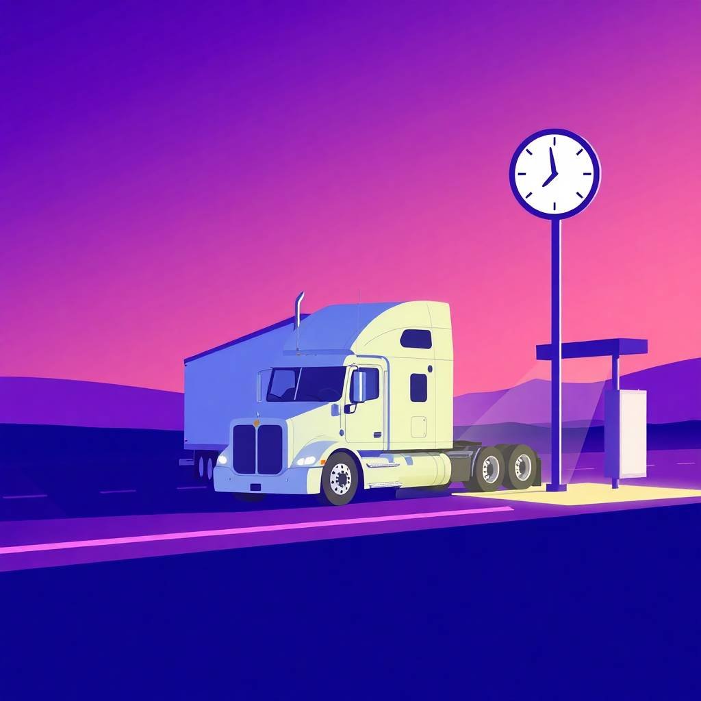 Flat style illustration of a semi-truck at a rest stop with a clock, symbolizing driver qualification file requirements.