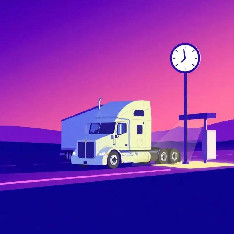 Flat style illustration of a semi-truck at a rest stop with a clock, symbolizing driver qualification file requirements.