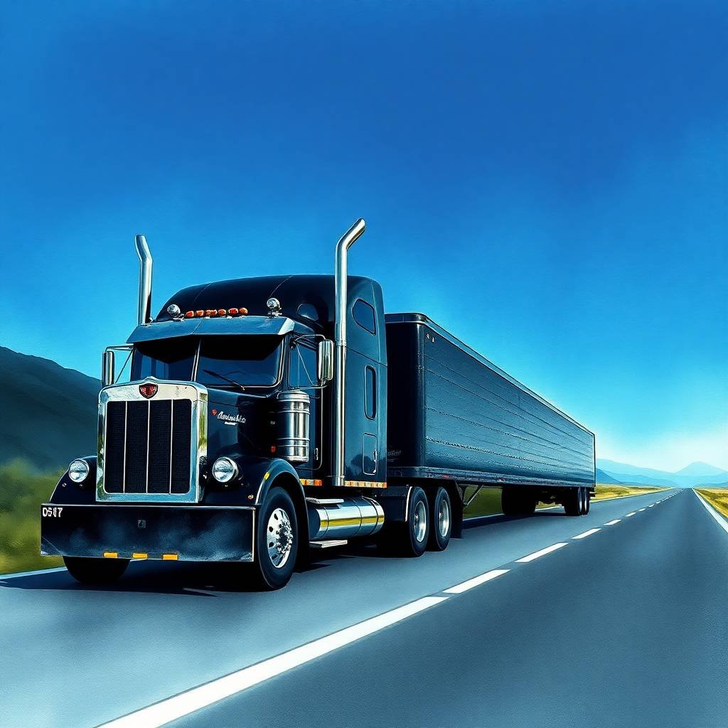 Black semi-truck driving on a highway used in Driver Safety Score Management programs