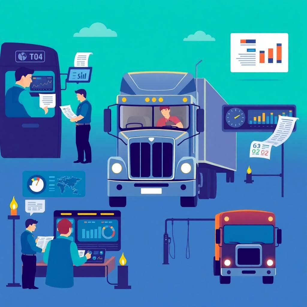 Flat illustration showing digital dashboards, truck inspections, and driver interactions for Driver Safety Score Management