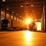 Trucks at a logistics terminal during sunset representing Driver Safety Score Management processes