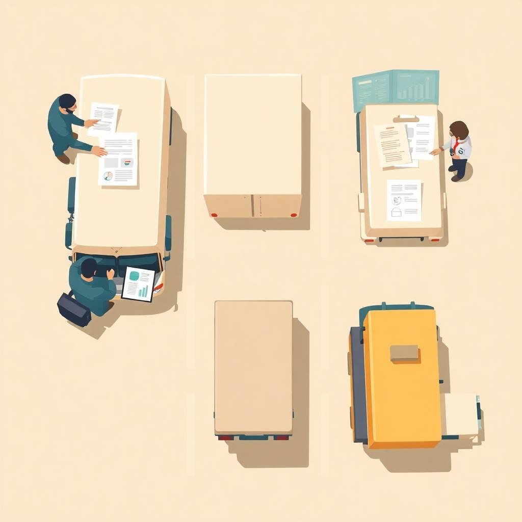 Top-down view of compliance officers inspecting trucks with paperwork for Driver Safety Score Management