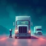 Driver Safety Score Management visualized with a compliance officer inspecting a truck on the highway under cinematic lighting