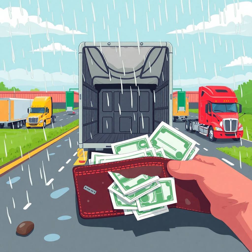 A hand holding a wallet with money flying out in the rain behind an empty truck, symbolizing FMCSA Compliance Mistakes