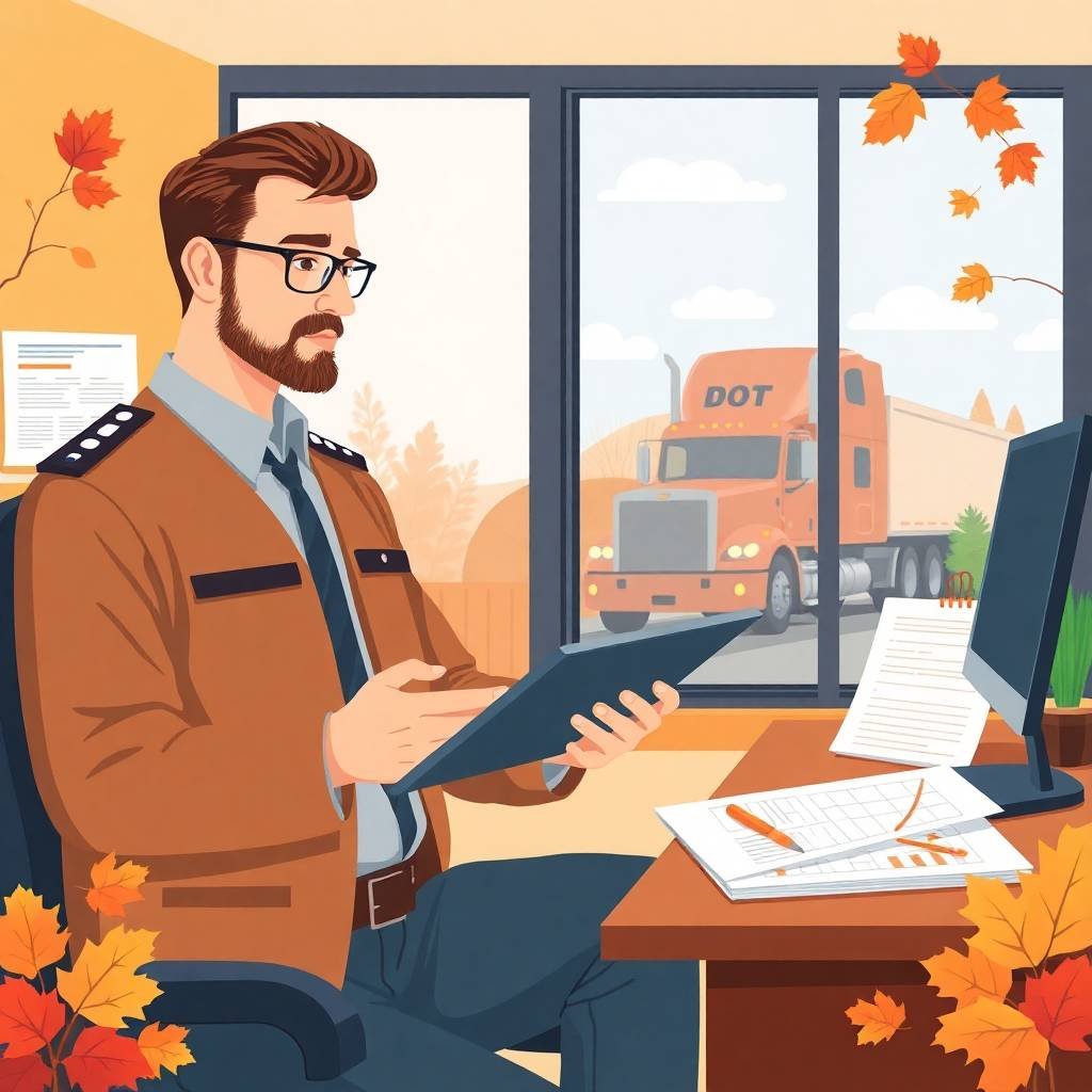 A DOT compliance officer reviews documents related to drug and alcohol testing compliance in a cozy autumn-themed office.