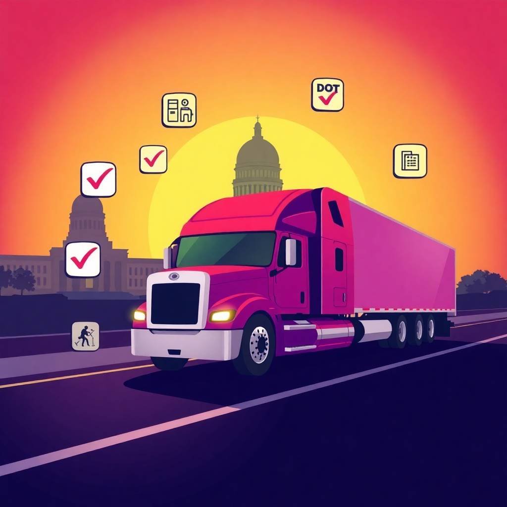 A vibrant flat-style illustration of a semi-truck with DOT icons representing drug and alcohol testing compliance in front of a government building at sunset.