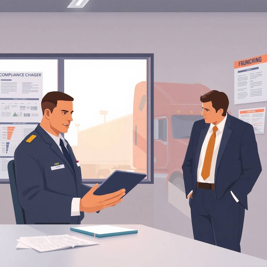 A flat-style illustration of a DOT officer and trucking manager discussing drug and alcohol testing compliance inside an office with charts and a semi-truck outside.