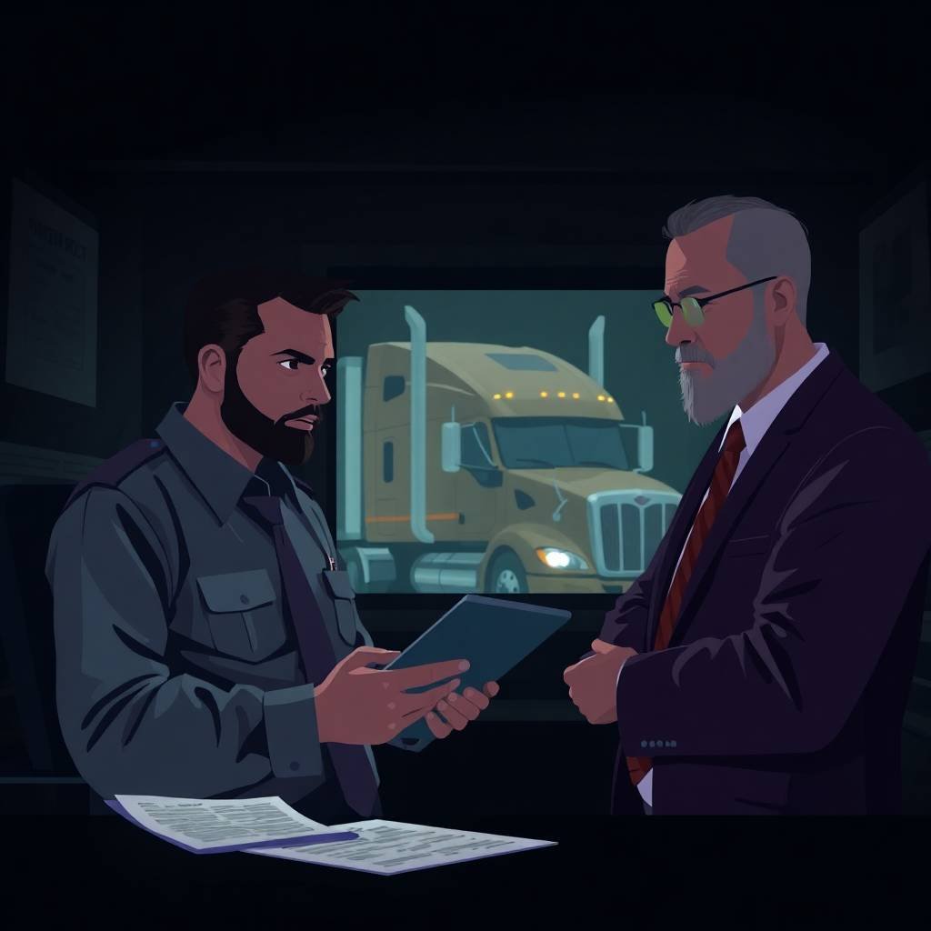 A DOT compliance officer and a trucking manager in a dimly lit office discussing drug and alcohol testing compliance procedures.