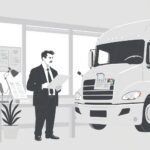 A DOT compliance officer inspects a commercial truck in an office setting to verify drug and alcohol testing compliance.