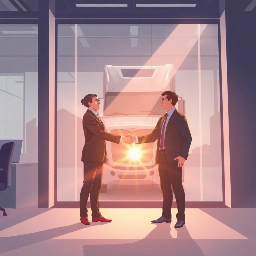 Two professionals shaking hands in a modern office with a semi-truck in the background, symbolizing partnership and responsibility in drug and alcohol testing compliance.