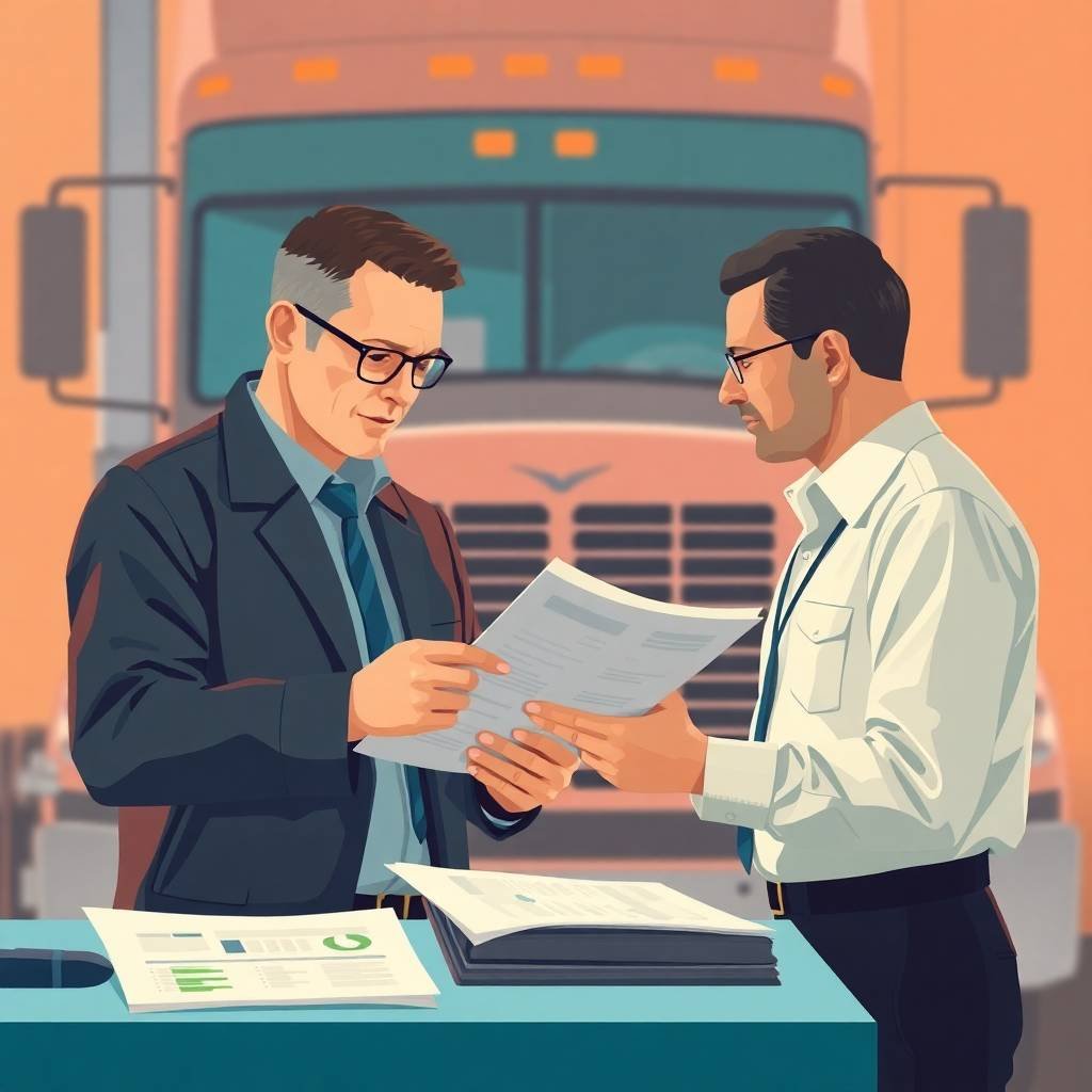 A DOT compliance officer and a trucking manager reviewing documents during a safety audit related to drug and alcohol testing compliance.
